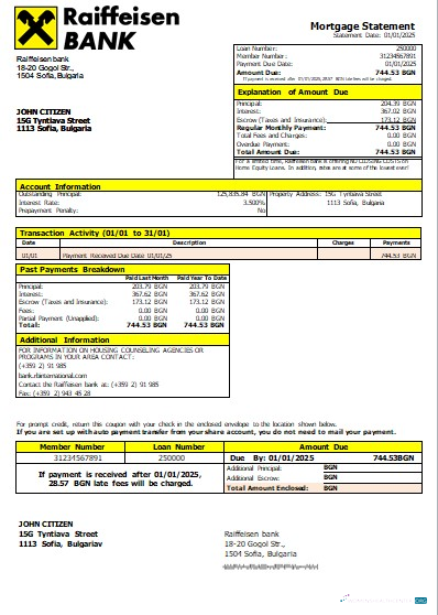 Download Bulgaria Raiffeisen bank mortgage statement scr Photoshop template